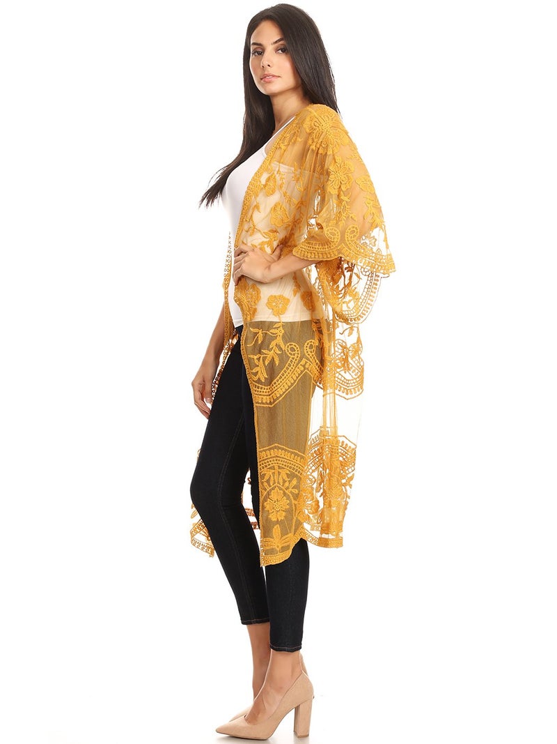 Anna-Kaci Floral Crochet Lace Cardigan for Women Beach Cover Ups Dress Kimono, Yellow, OneSize - Image 4